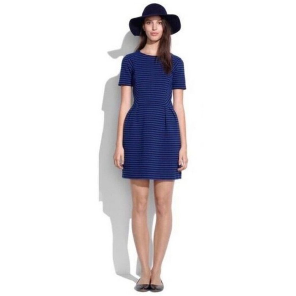 Madewell Women's Gallerist Ponte Dress Size 4 Black Blue Stripe Short Sleeve - Picture 2 of 8